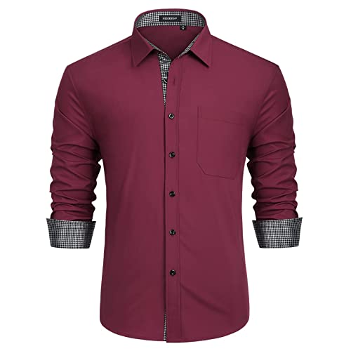 HISDERN Herren Hemd Regular Fit Formale Freizeithemden Herrenhemden Rot Langarm Männer Hemd Klassisches Businesshemd mit Tasche,L von HISDERN