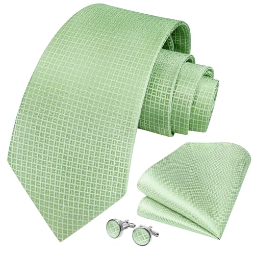 HISDERN Herren Salbeigrün Plaid Hochzeit Krawatte Einstecktuch KrawattenTaschentuch Manschettenknöpfe Set von HISDERN