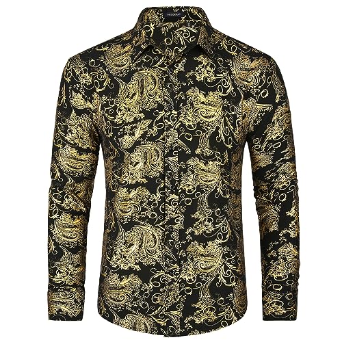 HISDERN Herren Satinhemden Langarm Gold Federdruck Glänzendes Hemd Freizeitmode Luxus Blumenhemden Gold Schwarz L von HISDERN