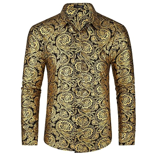 HISDERN Herren Satinhemden Langarm Gold Federdruck Glänzendes Hemd Lässige Mode Luxus Blumenhemden für Party Prom Gold L von HISDERN