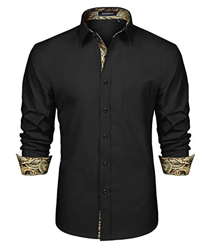 HISDERN Herren Schwarz Gold Paisley Hemd formelle Freizeithemd Businesshemden Freizeithemden Langarm Klassisch Regular Fit Hemden von HISDERN