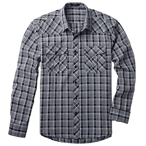 HISDERN Herren Hemd Checked Flanell Shirt, Herren Langarm Oberteil für Männer mit Brusttaschen, Button-Down-Hemden Schwarz/Navy 2XL von HISDERN
