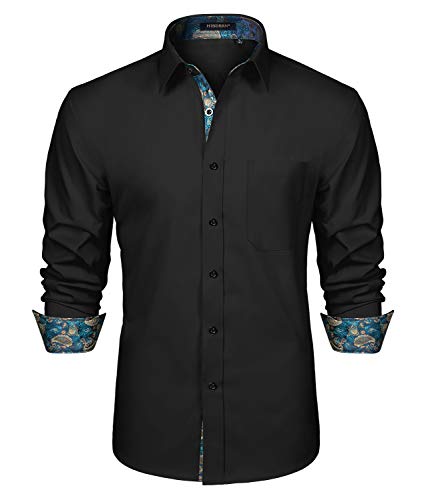 HISDERN Herrenmode Button-Down-Hemd Klassischer Kragen Langarm Button-Down-Mode Slim Fit Casual Formale Schwarze Trauerhemden von HISDERN