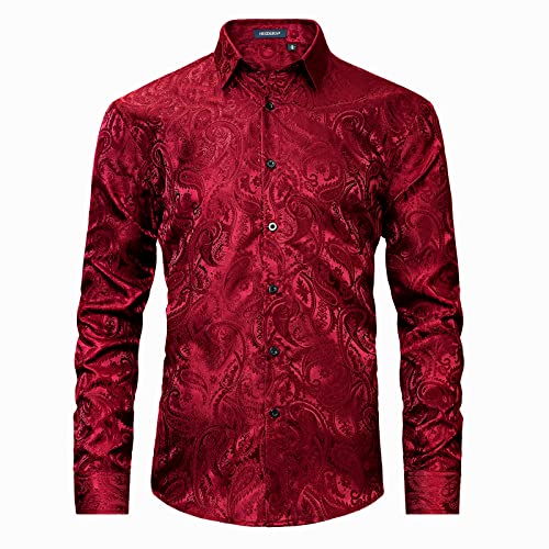 HISDERN Herren Seide Blumen Muster Hemd Langarm Weinrot Paisley Satin Hemden Jacquard Freizeithemd für Hochzeit Regular Fit XXL HISDERN Herren Seide Blumen Muster Hemd Langarm Weinrot Paisley Satin Hemden Jacquard Freizeithemd für Hochzeit Regular Fit XXL von HISDERN