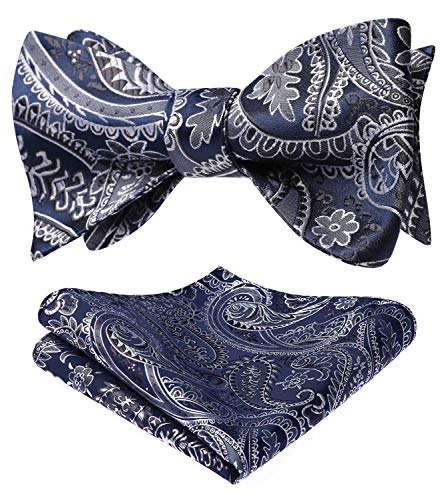 HISDERN Fliege Herren Marineblau/Silber Paisley Fliege mit Einstecktuch Set Verstellbare Selbst Herrenfliegen für Bräutigam Hochzeit Fasching von HISDERN