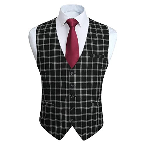 HISDERN Herren Tartan Weste Formal Business Check Weste für Herren Hochzeit Regular Fit Anzugweste mit Taschen Schwarz 3XL von HISDERN