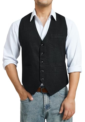 HISDERN Herren Tweed Weste Schwarz Vintage Anzugweste Wolle Anzug Westen für Männer Fischgrätmuster Herrenweste XS von HISDERN