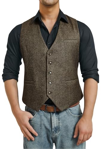 HISDERN Tweed Weste Herren Vintage Khaki Anzugwesten für Herren Fischgrätmuster Wolle Weste Anzug für Hochzeit Formale 4XL von HISDERN