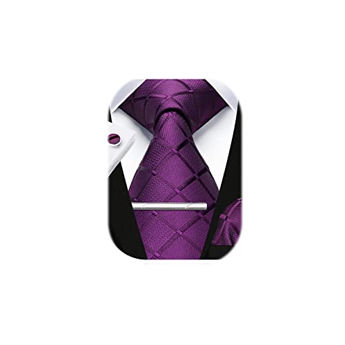 HISDERN Herren Hochzeit Violett Krawatten und Einstecktuch Krawatte Plaid Manschettenknöpfe-Krawattenklammer-Set von HISDERN