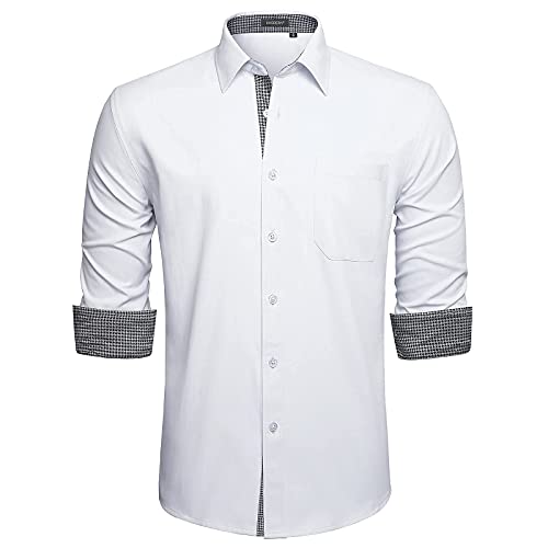 HISDERN Herren Hemd Regular Fit Formale Freizeithemden Herrenhemden Weiß Langarm Männer Hemd Klassisches Businesshemd mit Tasche,L von HISDERN