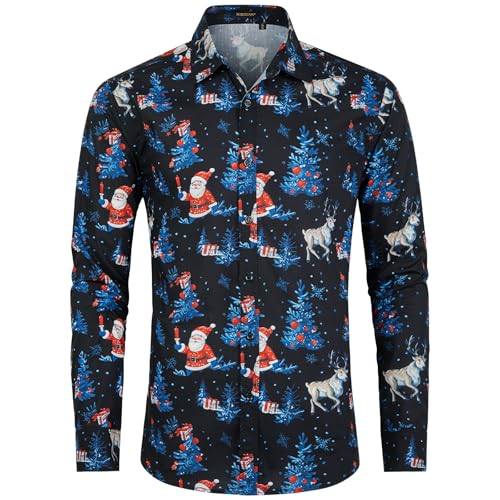 HISDERN Herren Weihnachtshemd Langarm Funky Weihnachtsmann Hemden Lustige Christmas Freizeithemden Schwarz L von HISDERN
