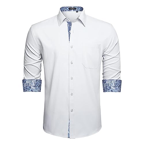 HISDERN Weißes Hemd mit Kragen Herren Klassisch Button Down Langarm Party Casual Formal Business Klassische Hemden Kragen Regular Fit Mit Taschen von HISDERN