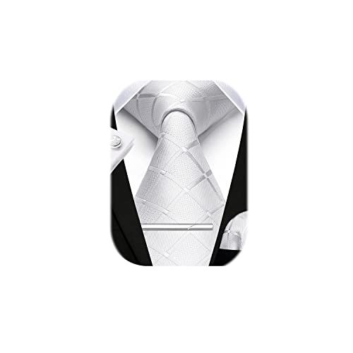 HISDERN Herren Hochzeit Weiß Krawatten und Einstecktuch Krawatte Plaid Manschettenknöpfe-Krawattenklammer-Set von HISDERN