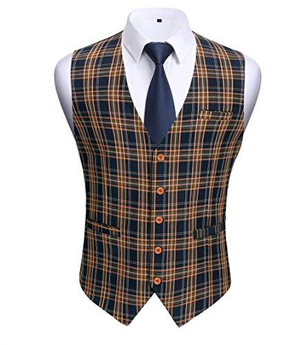 HISDERN Herren Weste Anzugweste Casual Hochzeit Party Weste Slim Fit Vest Suit with 5 buttons Smoking Frack Herrenweste Anzug Business Retro Elegant Vest Navy Orange 2XL von HISDERN