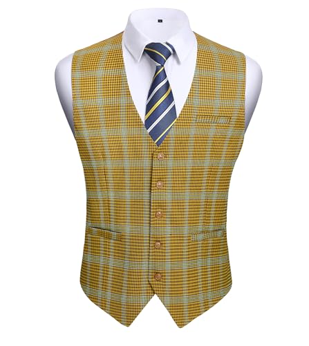 HISDERN Herren Weste Anzugweste Casual Weste Slim Fit Vest Suit with 5 buttons Smoking Frack Herrenweste Anzug Business Hochzeit Retro Elegant Vest Gelb 2XL von HISDERN