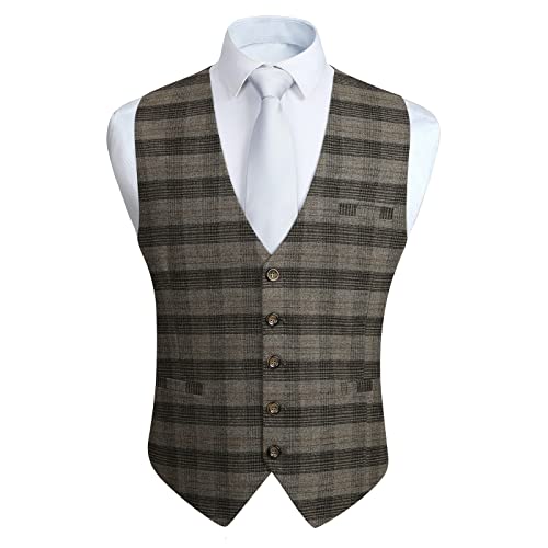 HISDERN Herren Weste Formell Party Hochzeit Tartan Karo Weste Klassischer Business Anzug Weste mit Taschen Braun XS von HISDERN