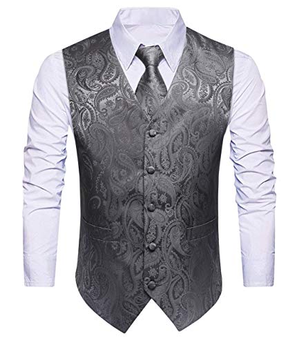 HISDERN Herren Paisley Hochzeitsweste Krawatte Einstecktuch Taschentuch Jacquard Weste Anzug Set Splitter Grau von HISDERN