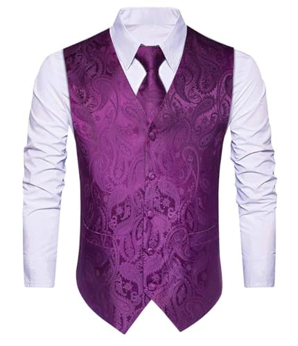 HISDERN Anzugweste für Herren Lila Paisley Hochzeit Weste Krawatte Einstecktuch Taschentuch Jacquard Weste Herren Anzug Set Elegant 3XL von HISDERN