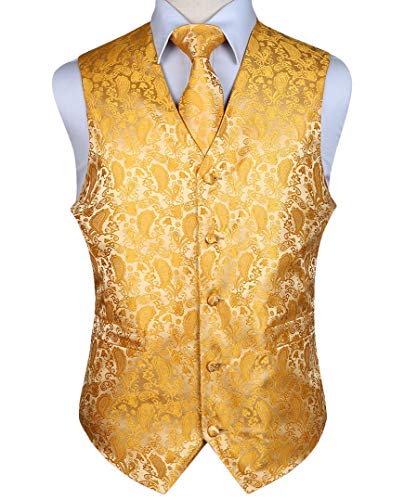 HISDERN Herren Paisley Hochzeitsweste Krawatte Einstecktuch Taschentuch Jacquard Weste Anzug Set Splitter Gelb von HISDERN