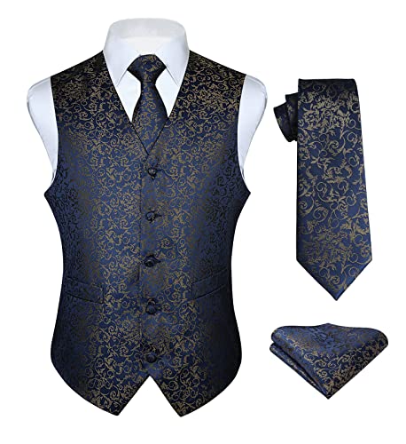 HISDERN Herren FLoral Wedding Party Weste Krawatte Einstecktuch Taschentuch Jacquard Weste Anzug Set Marineblau von HISDERN