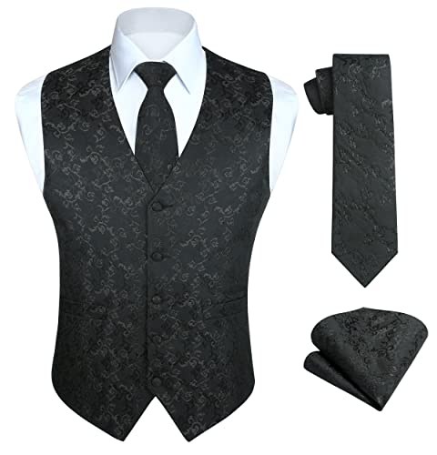 HISDERN Herren Weste Paisley Floral Jacquard Schwarz Anzugwesten für Herren Hochzeit Westen Krawatte Einstecktuch Taschentuch Weste Anzug Set 3XL von HISDERN