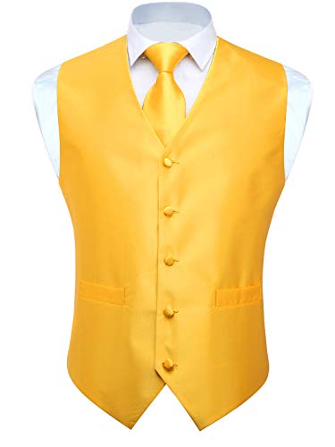 HISDERN Anzugweste für Herren Gelb Hochzeit Weste und Krawatte und Einstecktuch Set Einfarbige Weste Herren Anzug mit Taschen Party 4XL von HISDERN