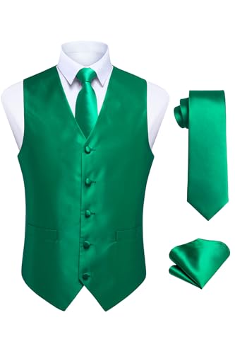 HISDERN Anzugweste für Herren Grün Hochzeit Weste und Krawatte und Einstecktuch Set Einfarbige Anzug Weste Herren mit Taschen Party 3XL von HISDERN