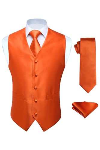 HISDERN Anzugweste für Herren Orange Hochzeit Weste und Krawatte und Einstecktuch Set Einfarbige Weste Herren Anzug mit Taschen Party S von HISDERN
