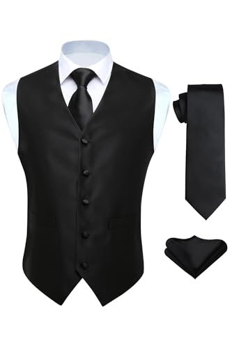 HISDERN Anzugweste für Herren Schwarz Hochzeit Weste und Krawatte und Einstecktuch Set Einfarbige Weste Herren Anzug mit Taschen Party M von HISDERN