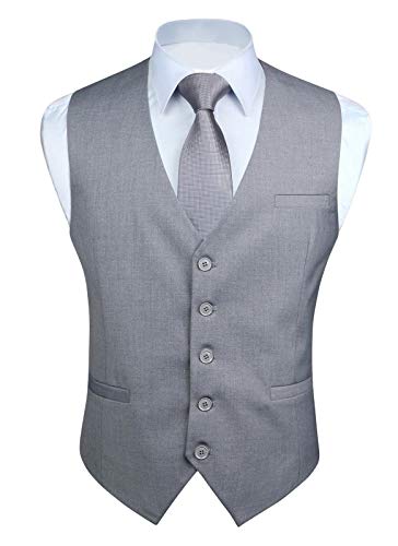 HISDERN Anzugweste Formelle Anzug Weste Herren Grau Einfarbig Business Hochzeit Anzugwesten Baumwolle Regular Fit Veste,Hellgrau,XS von HISDERN