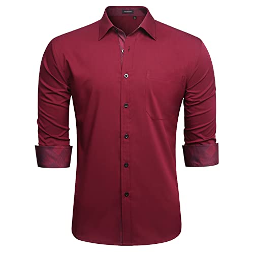 HISDERN Herren Hemd Regular Fit Formale Freizeithemden Herrenhemden Rot Langarm Männer Hemd Klassisches Businesshemd mit Tasche,2XL von HISDERN