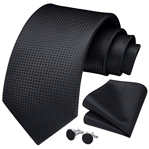 HISDERN Herren schwarz Plaid Hochzeit Krawatte Einstecktuch KrawattenTaschentuch Manschettenknöpfe Set Geeigneter Hochzeit Fest von HISDERN