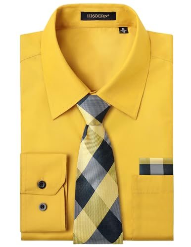 HISDERN Herrenhemd Gelb Langarm Freizeit Hemd mit Krawatte Set Hochzeit Party Anzug Hemd Männer Regular Fit 2XL von HISDERN