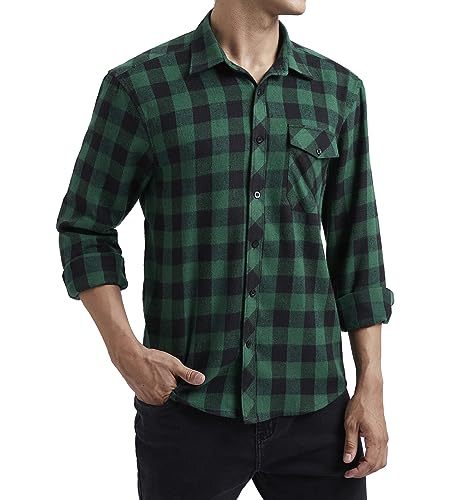 HISDERN kariert Flanellhemd für Herren,Freizeithemd,Langarm,Holzfällerhemd,Button-Down mit Vordertasche,Normale Passform Grün 2XL von HISDERN