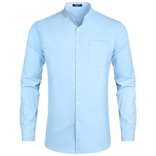 HISDERN Herrenhemden Langarm Hellblau Hemd Herren Ohne Kragen Bügelfrei Herren Freizeithemden Oberhemd Hemden Slim Fit für Hochzeit M von HISDERN