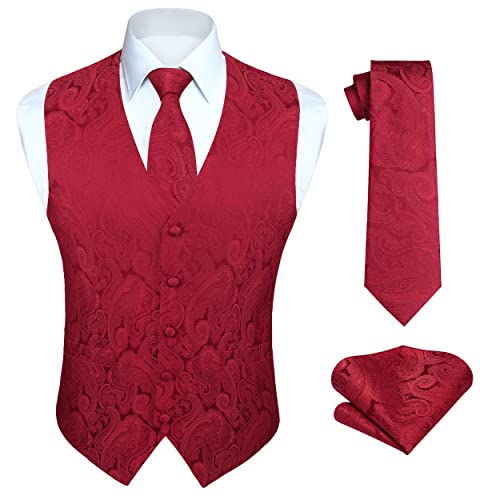 HISDERN Hochzeitsweste Herren Burgund Paisley Rosa Weste Floral Jacquard Krawatte Einstecktuch Einstecktuch Hochzeit Party Fit Weste Anzug Set 2XL von HISDERN