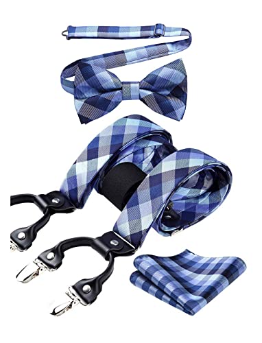 HISDERN Hosenträger Für Herren Blau Hosenträger Fliege Set und Einstecktuch Kariert Klassische Verstellbar Y Form Mit 6 Stark Clips Taschentuch Braces One Size von HISDERN