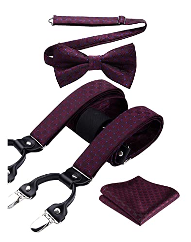 HISDERN Hosenträger Herren Burgund Fliege Hosenträger Set und Einstecktuch Kariert 3.5cm Breit Klassische Verstellbar Y Form Mit 6 Stark Clips Hochzeit Braces One Size von HISDERN