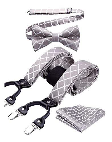 HISDERN Hosenträger Herren Champagner Fliege und Hosenträger Set Herren Kariert Klassische Hochzeit Einstellbar Y Form mit 6 Extra Stark Clips Braces von HISDERN