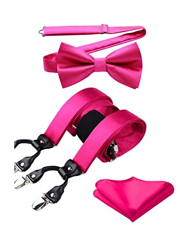 HISDERN Hosenträger Herren Fuchsia Fliege Hosenträger und Einstecktuch Set Einfarbig Hochzeit Klassische Verstellbar Y Form Mit 6 Stark Clips Taschentuch Braces One Size von HISDERN