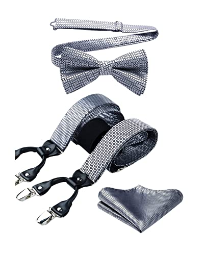 HISDERN Hosenträger Herren Grau Fliege Hosenträger Set und Einstecktuch Kariert 3.5cm Breit Klassische Verstellbar Y Form Mit 6 Stark Clips Hochzeit Braces One Size von HISDERN