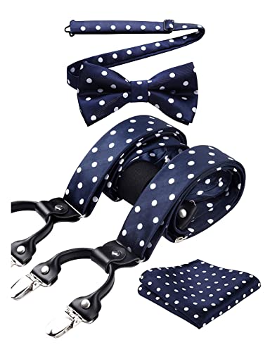 HISDERN Hosenträger Herren Marineblau Hosenträger Fliege Set und Einstecktuch Punktmuster Klassische Verstellbar Y Form Mit 6 Stark Clips Hochzeit Braces One Size von HISDERN