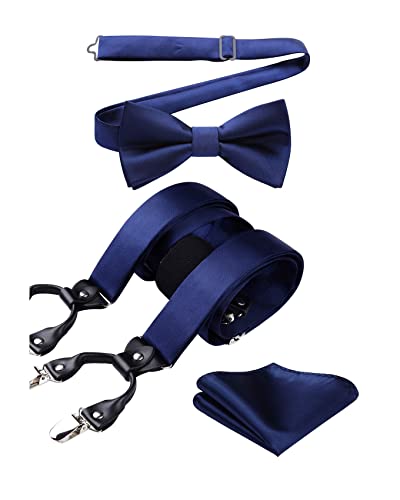 HISDERN Hosenträger Herren Navy Blau Hosenträger Fliege Set und Einstecktuch Einfarbig Klassische Verstellbar Y Form Mit 6 Stark Clips Taschentuch Braces One Size von HISDERN