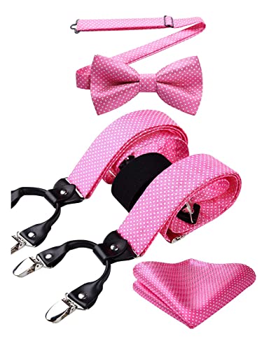 HISDERN Hosenträger Herren Rosa Hosenträger Fliege und Einstecktuch Set Punktmuster Hochzeit Klassische Verstellbar Y Form Mit 6 Stark Clips Braces One Size von HISDERN