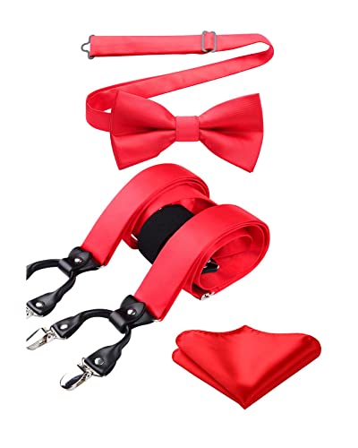 HISDERN Hosenträger Herren Rote Hosenträger Fliege Set und Einstecktuch Einfarbig Klassische Verstellbar Y Form Mit 6 Stark Clips Taschentuch Braces One Size von HISDERN