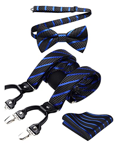 HISDERN Hosenträger Herren Schwarz Fliege Hosenträger Set und Einstecktuch Gestreift Klassische 3.5CM Breit Verstellbar Y Form Mit 6 Stark Clips Braces One Size von HISDERN