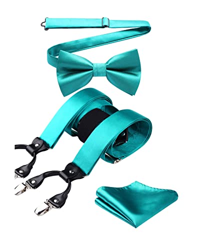 HISDERN Hosenträger Herren Türkis Fliege und Hosenträger Set Herren Klassische Einfarbig Verstellbar Y Form Mit 6 Extra Stark Clips Braces Hochzeit von HISDERN