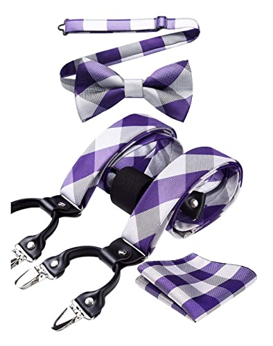 HISDERN Hosenträger Herren Violett Fliege Hosenträger Set und Einstecktuch Kariert Klassische Verstellbar Y Form Mit 6 Stark Clips Taschentuch Braces One Size von HISDERN