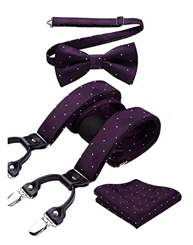 HISDERN Hosenträger Herren Violett Fliege Hosenträger und Einstecktuch Set Kariert Klassische Verstellbar Y Form Mit 6 Stark Clips Taschentuch Braces One Size von HISDERN