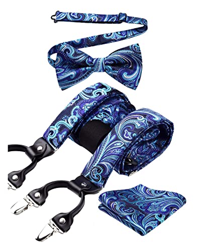 HISDERN Hosenträger Herren Blau Fliege Hosenträger und Einstecktuch Set Florale Hosenträger Klassische Verstellbar Y Form Mit 6 Stark Clips Braces One Size von HISDERN